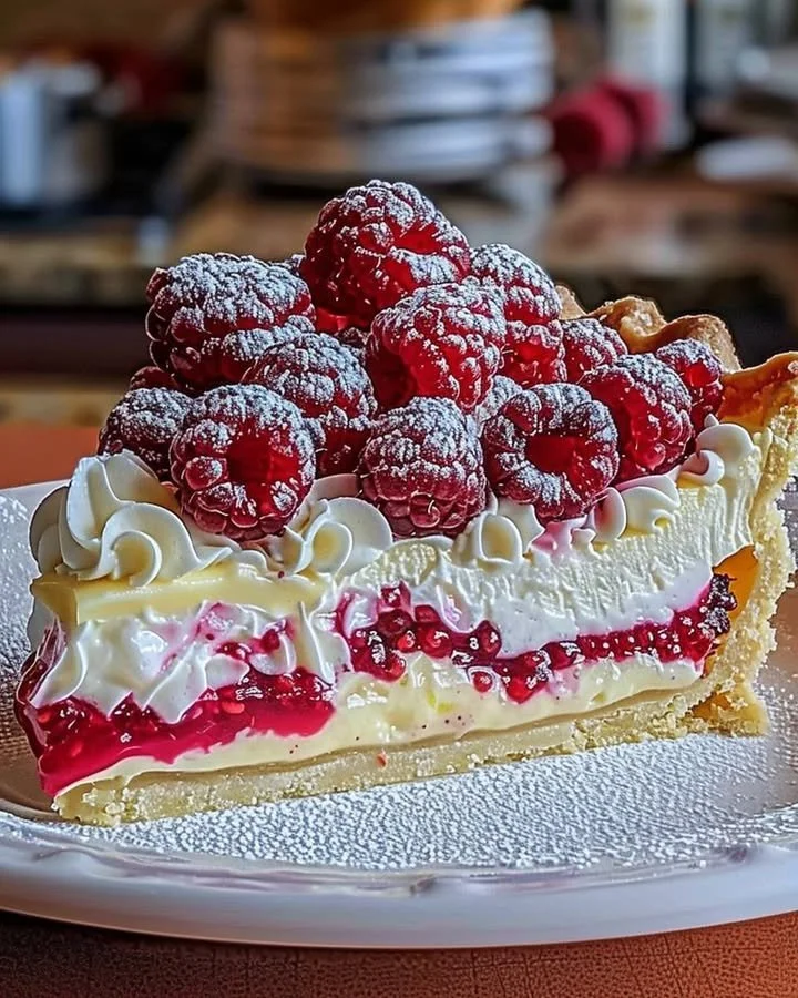 Slice of Lemon Raspberry Layered Pie topped with fresh raspberries and lemon zest.