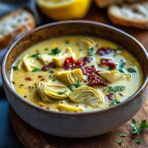 Bowl of Lemony Tuscan Artichoke Soup garnished with fresh herbs