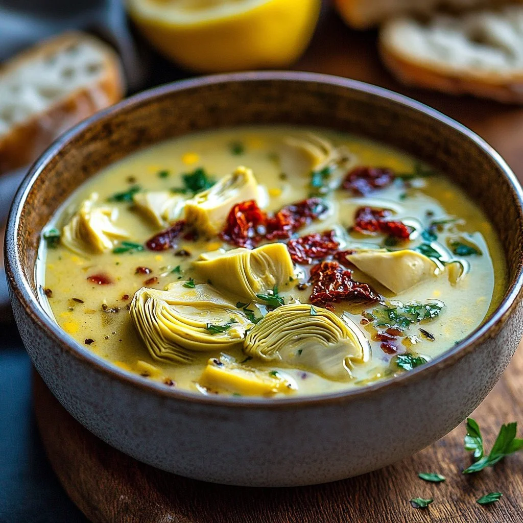 Bowl of Lemony Tuscan Artichoke Soup garnished with fresh herbs