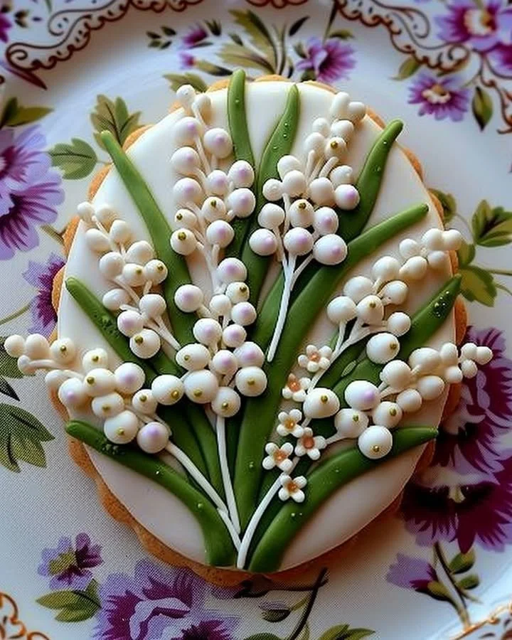 Lily of the Valley decorated sugar cookies in elegant floral designs