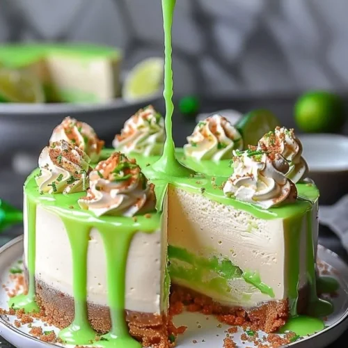 Delicious lime mousse cheesecake with a glossy lime glaze on top.