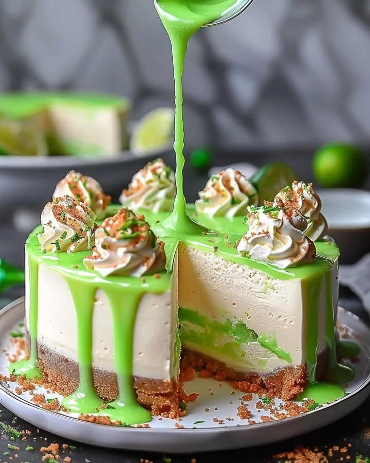 Delicious lime mousse cheesecake with a glossy lime glaze on top.