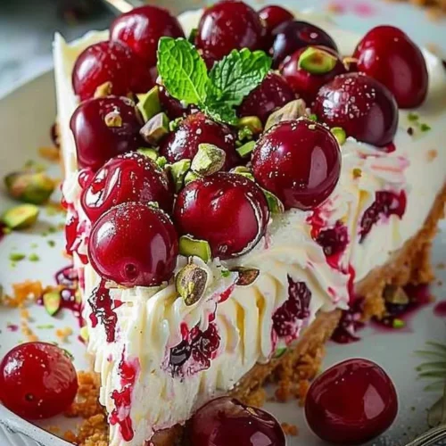 Lemon-lime cherry pistachio cheesecake topped with fresh cherries and nuts