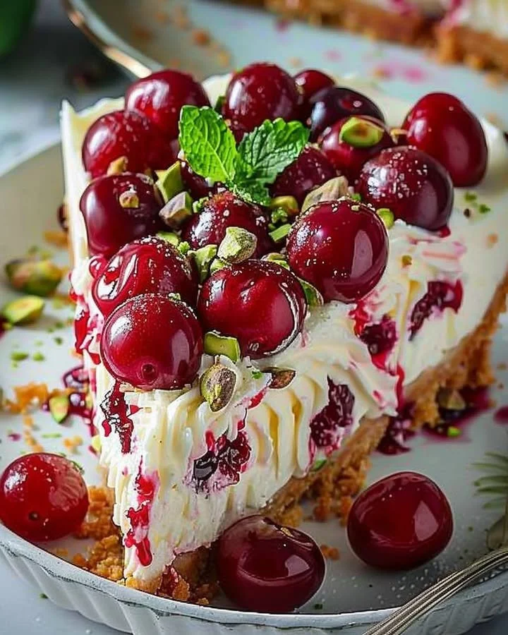 Lemon-lime cherry pistachio cheesecake topped with fresh cherries and nuts