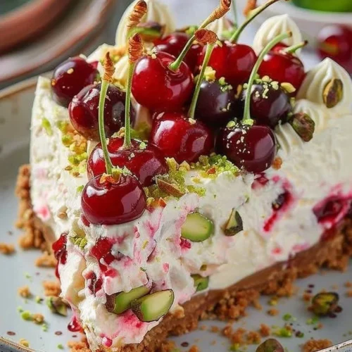 Lemon-lime cherry pistachio cheesecake topped with cherry and pistachios
