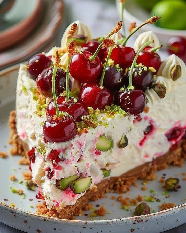 Lemon-lime cherry pistachio cheesecake topped with cherry and pistachios