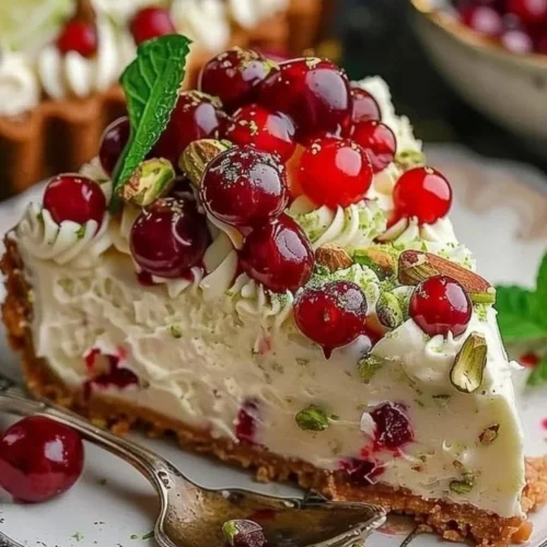 Luscious Lemon-Lime Cherry Pistachio Cheesecake topped with fresh cherries and pistachios