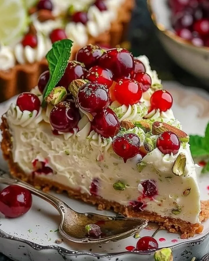 Luscious Lemon-Lime Cherry Pistachio Cheesecake topped with fresh cherries and pistachios