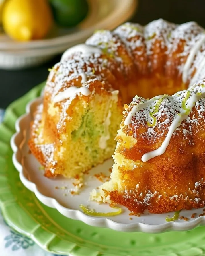 Lemon-Lime Infusion Cake topped with zesty icing and fresh lemon slices