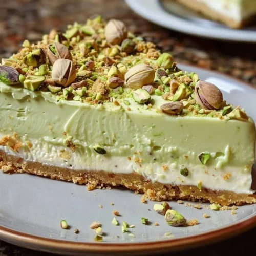 Luxurious pistachio cheesecake with a creamy texture and charming presentation.