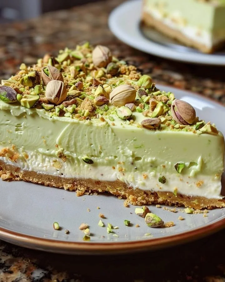Luxurious pistachio cheesecake with a creamy texture and charming presentation.