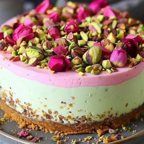 Luxurious pistachio rose cheesecake topped with edible flowers and pistachios.