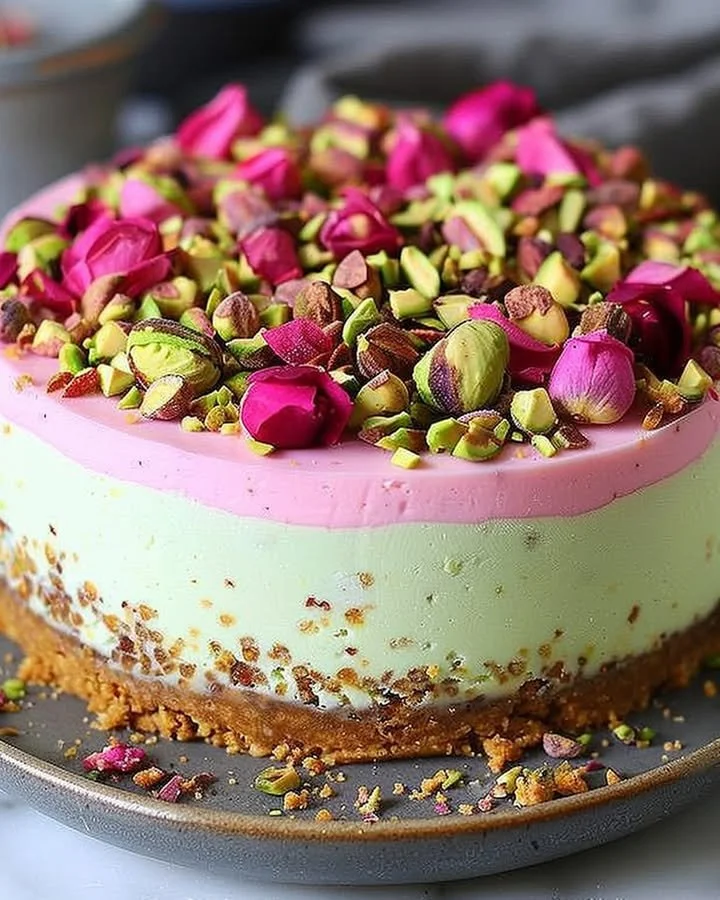 Luxurious pistachio rose cheesecake topped with edible flowers and pistachios.