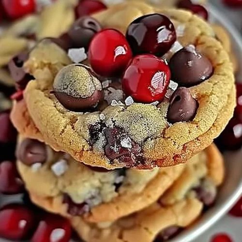 Maraschino Cherry Chocolate Chip Cookies on a plate with colorful sprinkles.