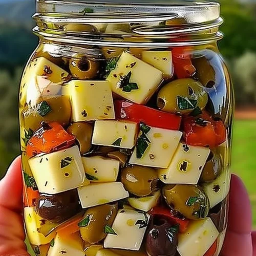 Bowl of marinated cheese and olives serving as a delicious appetizer