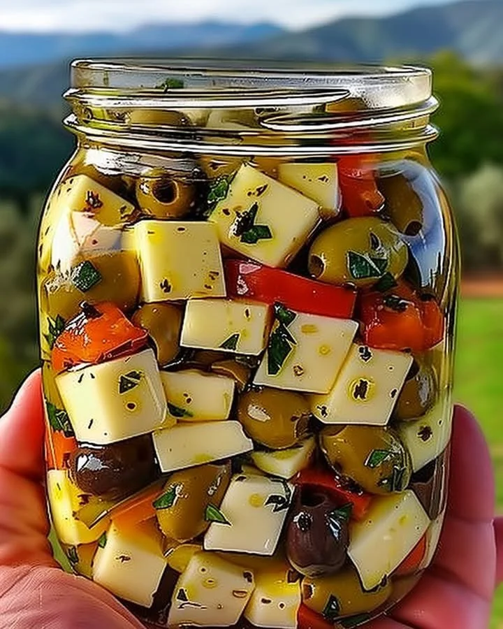 Bowl of marinated cheese and olives serving as a delicious appetizer