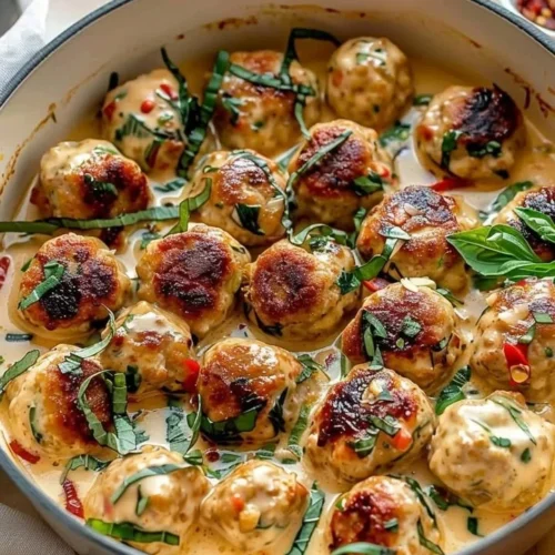 Delicious Marry Me Chicken Meatballs served with sauce and herbs