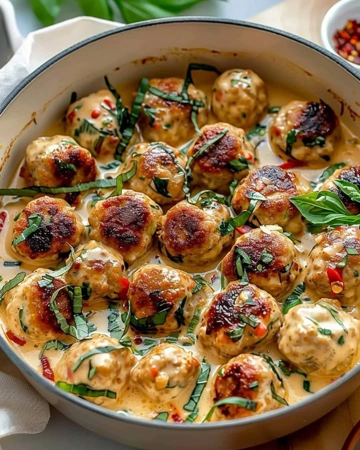 Delicious Marry Me Chicken Meatballs served with sauce and herbs