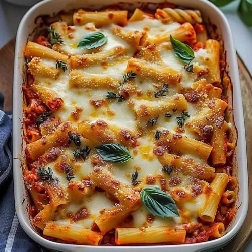Delicious meatless baked ziti topped with melted cheese and fresh herbs