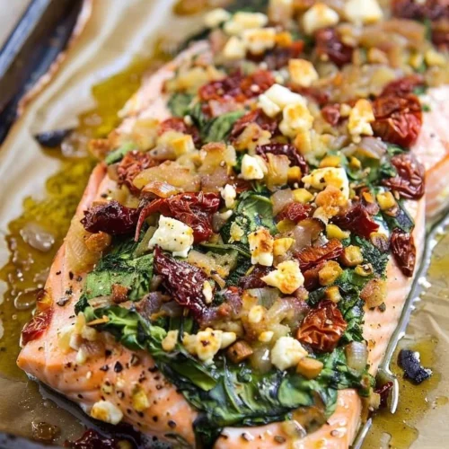 Colorful Mediterranean salmon bake with vegetables and herbs on a plate