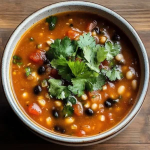 Bowl of delicious Mexican beans and rice soup garnished with cilantro and lime.