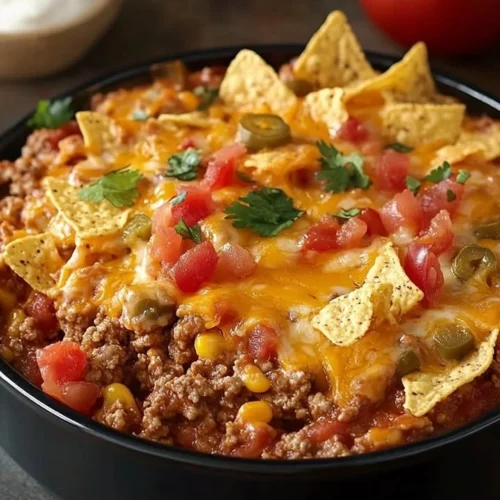 Delicious Mexican Casserole baked with cheese and topped with fresh ingredients