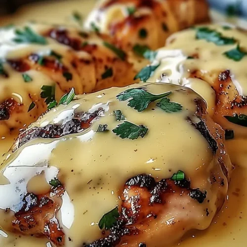 Dish of Mexican Chicken topped with creamy cheese sauce