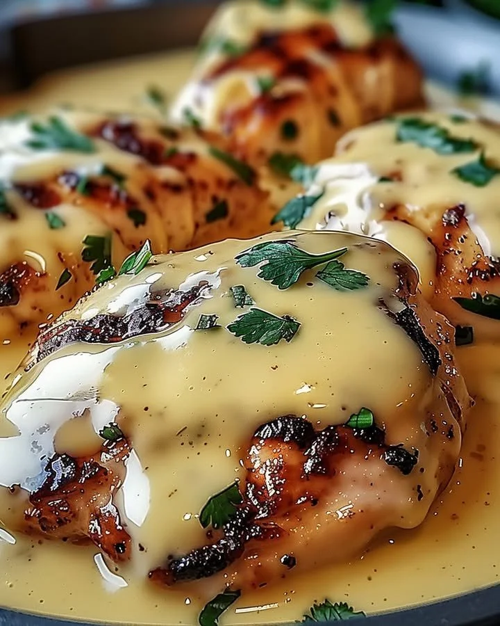 Dish of Mexican Chicken topped with creamy cheese sauce
