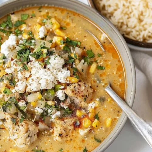 Delicious bowl of Mexican street corn soup topped with fresh cilantro and lime