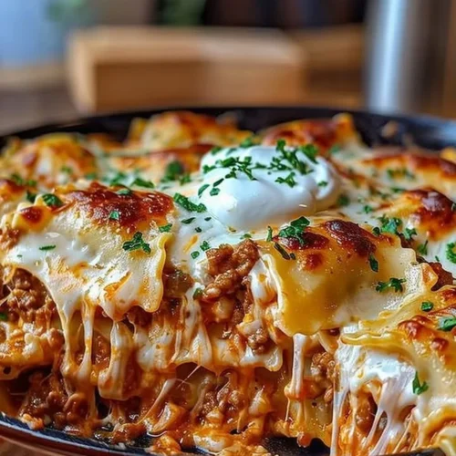 Delicious Million Dollar Ravioli Casserole topped with cheese and herbs ready to serve.