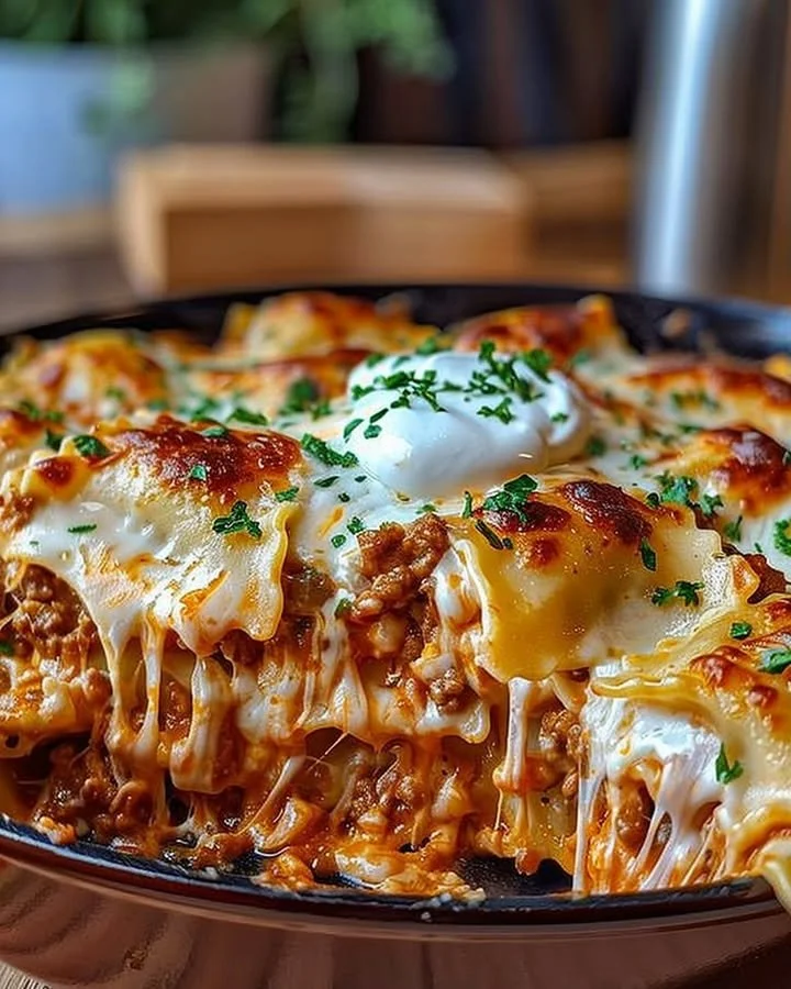 Delicious Million Dollar Ravioli Casserole topped with cheese and herbs ready to serve.