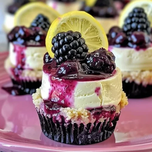 Mini lemon blackberry cheesecakes served on a plate with fresh berries.