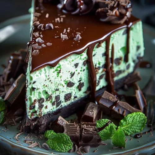 Delicious Mint Chocolate Cheesecake topped with mint leaves and chocolate shavings