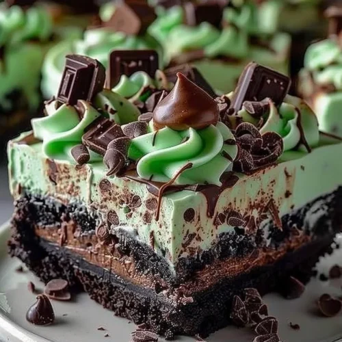 Mint Chocolate Fudge Cheesecake Cake topped with chocolate and mint frosting.