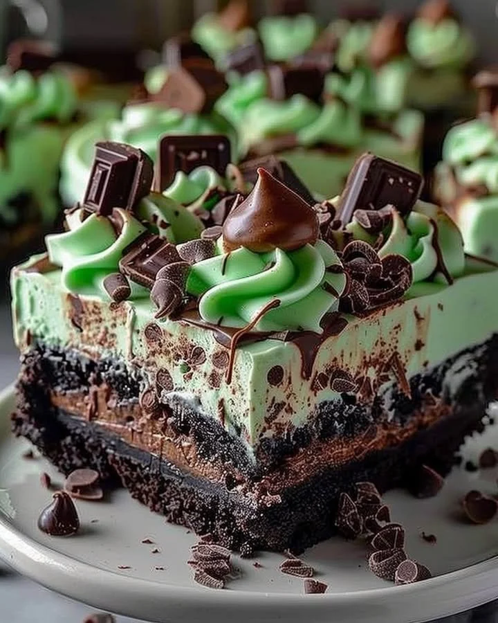Mint Chocolate Fudge Cheesecake Cake topped with chocolate and mint frosting.