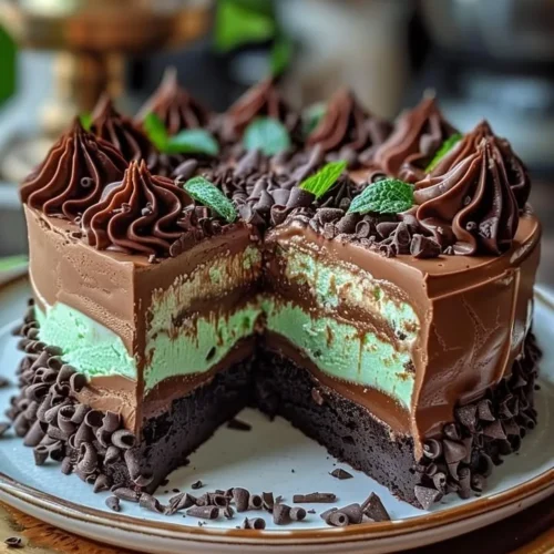 Mint Chocolate Fudge Cheesecake Cake with layers of creamy fudge and mint