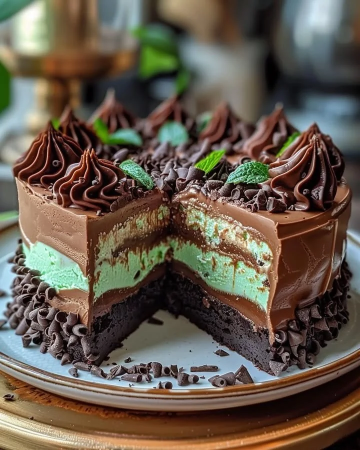 Mint Chocolate Fudge Cheesecake Cake with layers of creamy fudge and mint