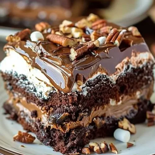 Deliciously rich Mississippi Mud Cake with chocolate frosting and nuts