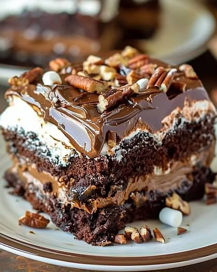 Deliciously rich Mississippi Mud Cake with chocolate frosting and nuts