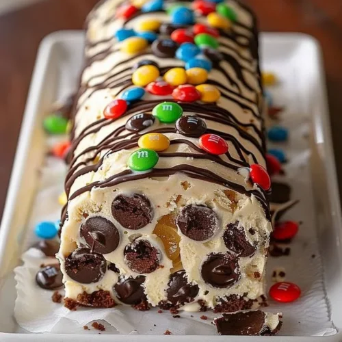 M&M's Chocolate Chip Cookie Dough Ice Cream Cake Roll dessert slice