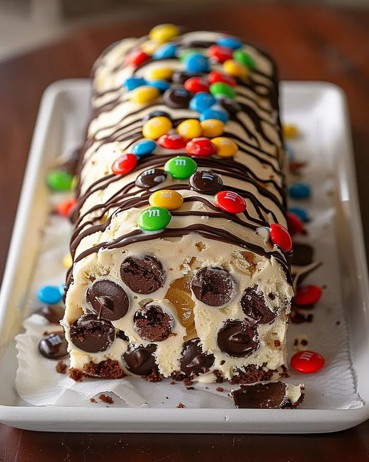 M&M's Chocolate Chip Cookie Dough Ice Cream Cake Roll dessert slice