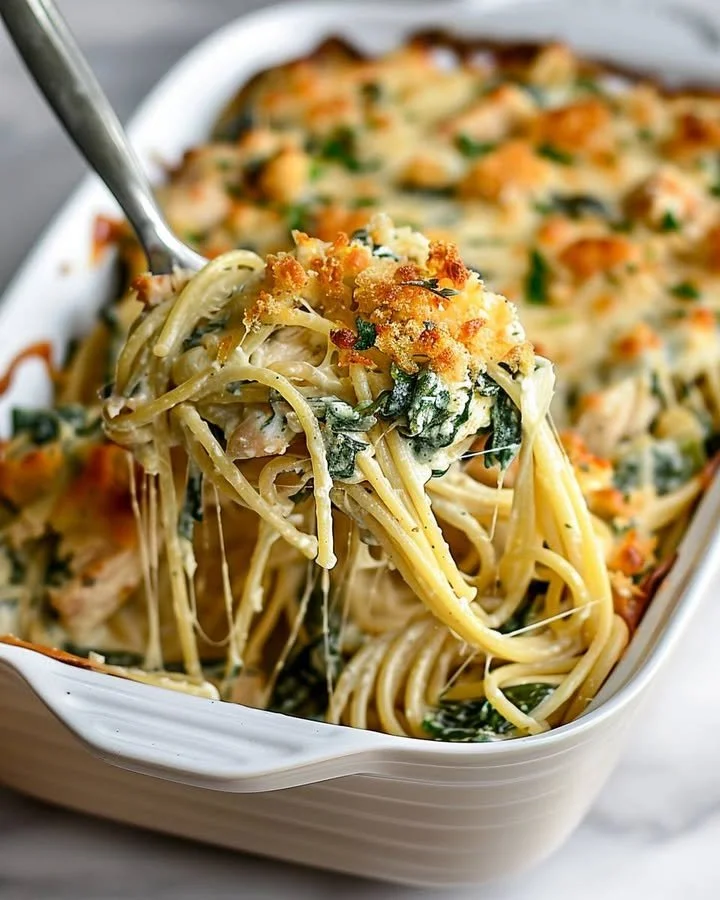 Delicious Monterey Chicken Spaghetti Bake topped with cheese and herbs