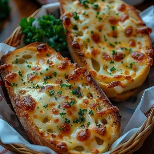 Mouthwatering cheesy garlic bread with melted cheese and herbs on toasted bread