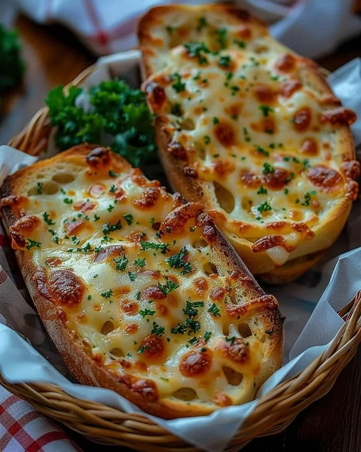 Mouthwatering cheesy garlic bread with melted cheese and herbs on toasted bread