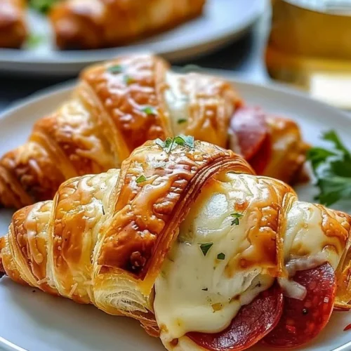 Delicious mozzarella pepperoni croissant rolls on a serving plate.
