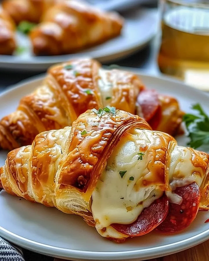 Delicious mozzarella pepperoni croissant rolls on a serving plate.