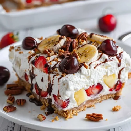 No bake banana split cheesecake bars on a plate topped with cherries and nuts