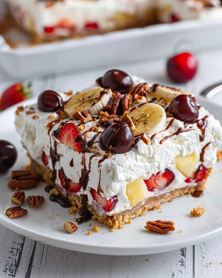 No bake banana split cheesecake bars on a plate topped with cherries and nuts