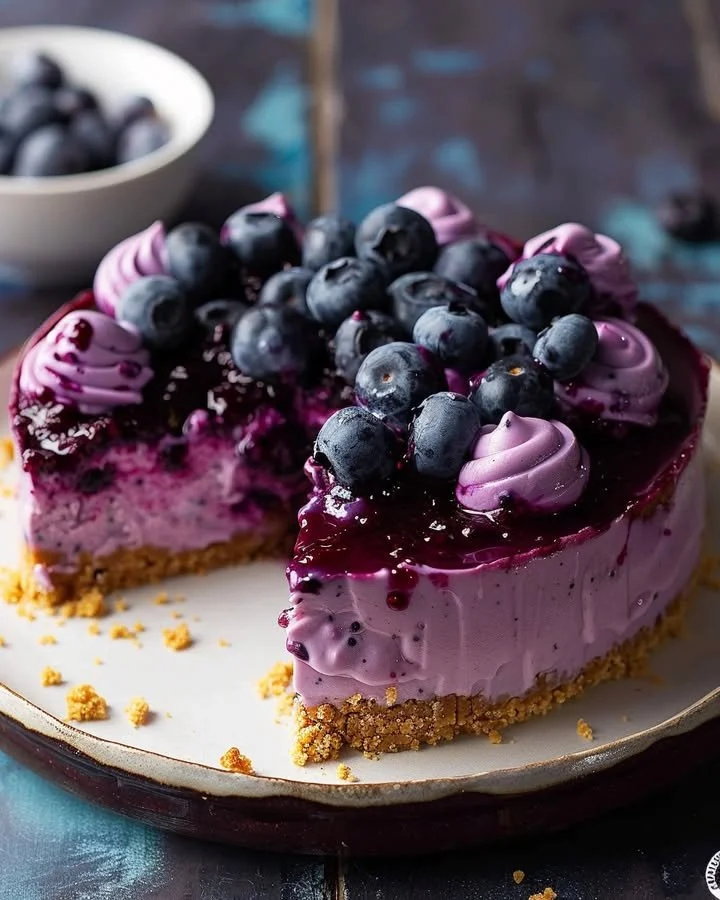 No-Bake Blueberry Cheesecake topped with fresh blueberries