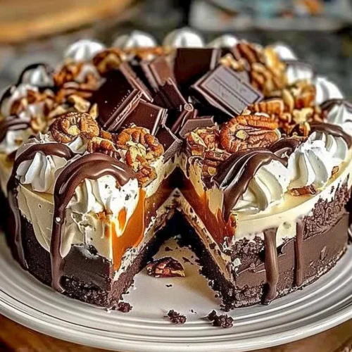 No-Bake German Chocolate Cheesecake topped with chocolate and coconut